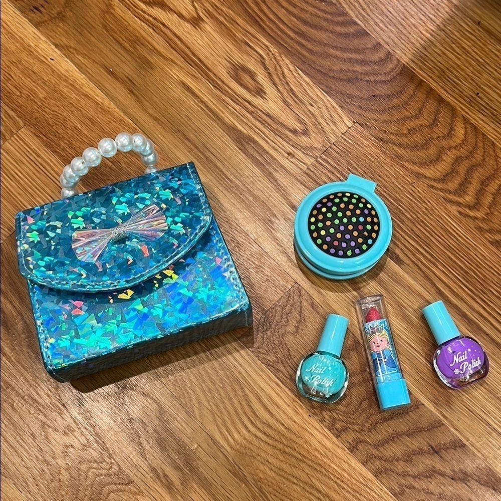 Girls Glittery Blue purse Nail Polish lip gloss hair brush mirror play make up